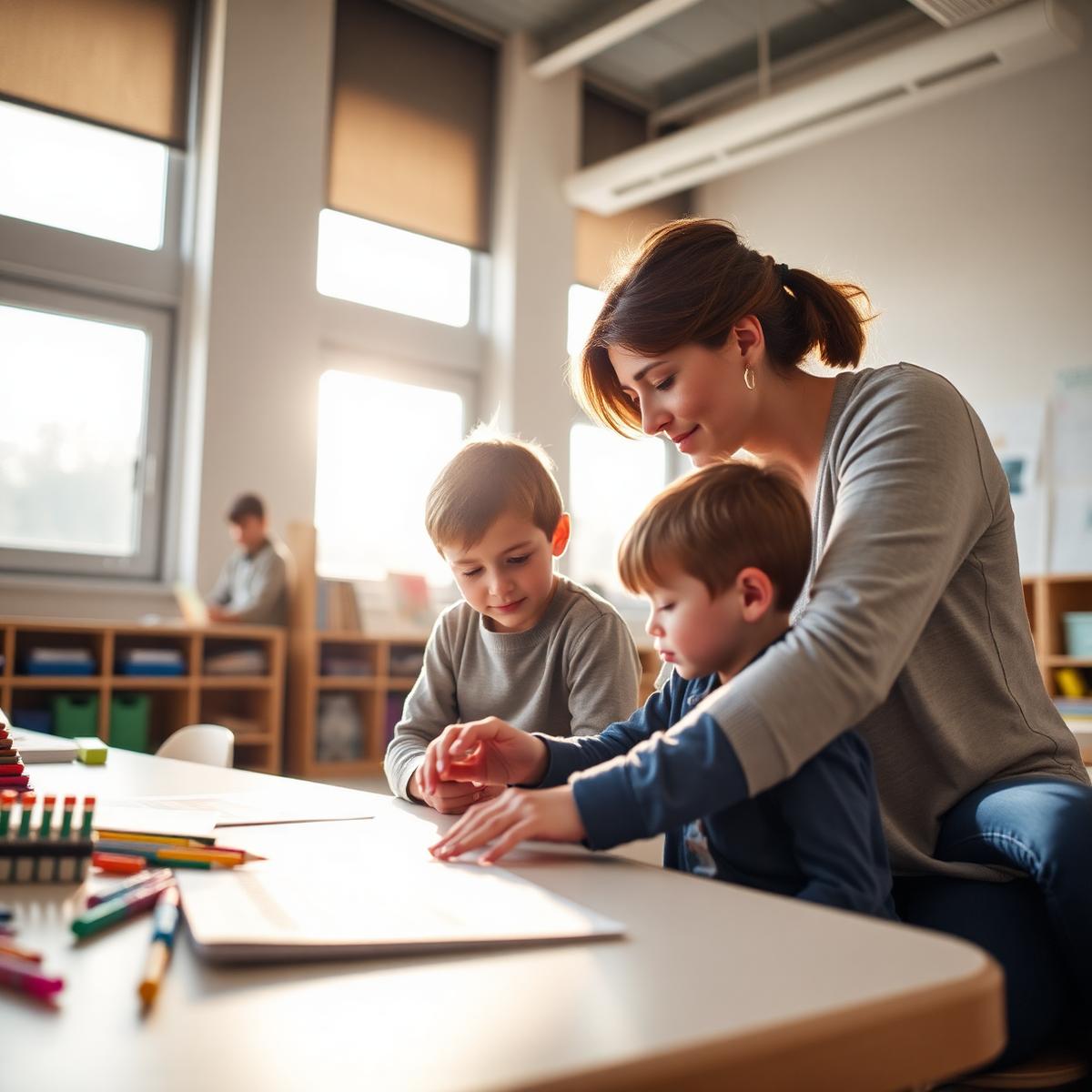 A teacher guiding two young students at a bright classroom table